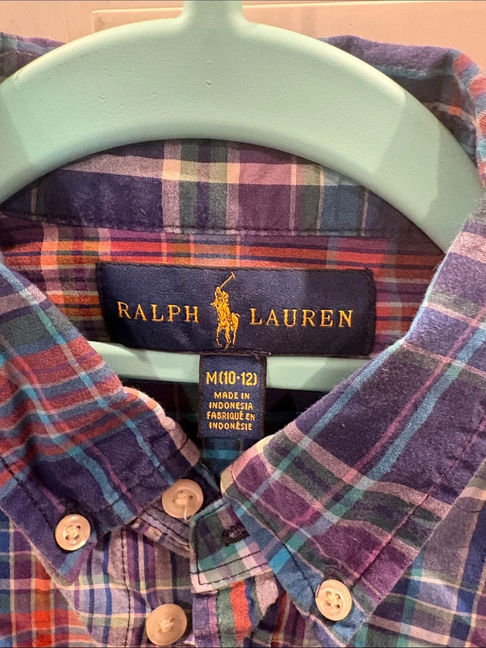 Ralph Lauren Plaid Button-Down Shirt in Blue, Purple & Teal with Orange Accents